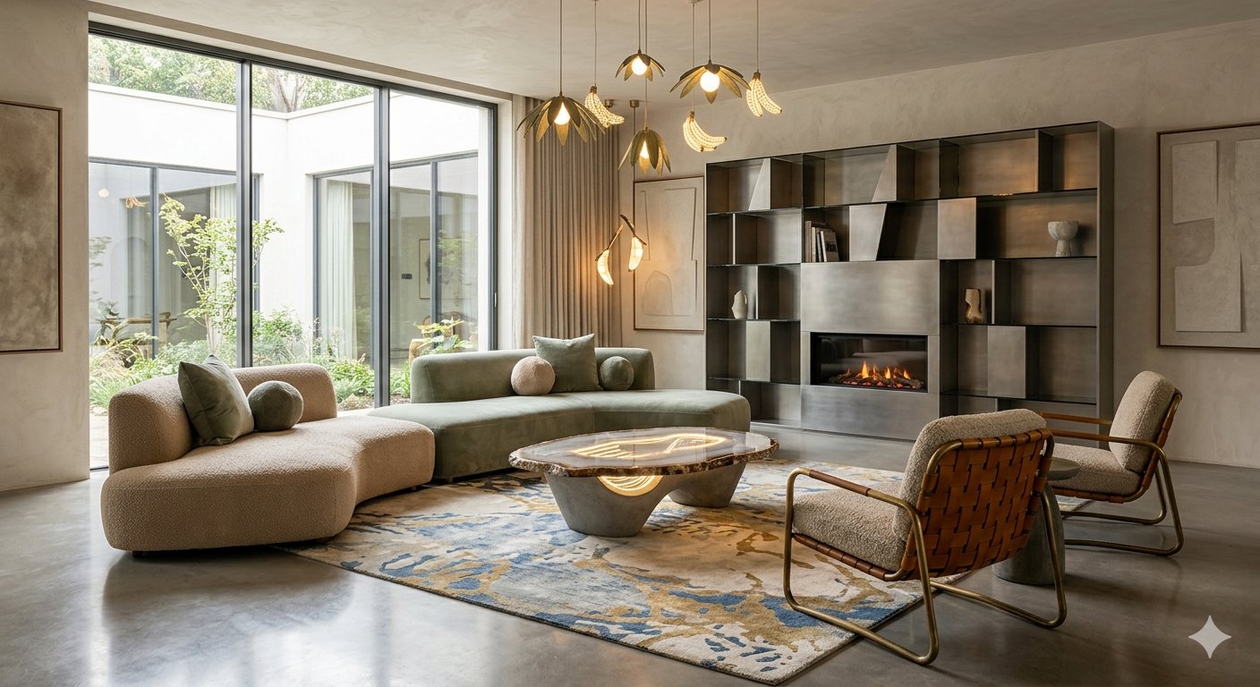 Contemporary living room with sectional sofa, statement lighting, and fireplace wall