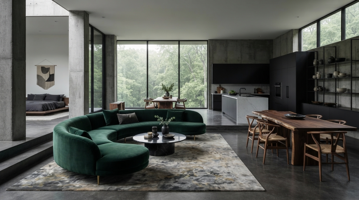 Modern living room with grey sectional, wood coffee table, and fiddle leaf fig