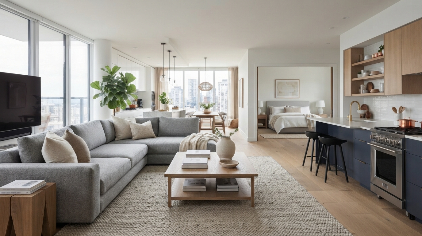 Modern living room with grey sectional, wood coffee table, and fiddle leaf fig