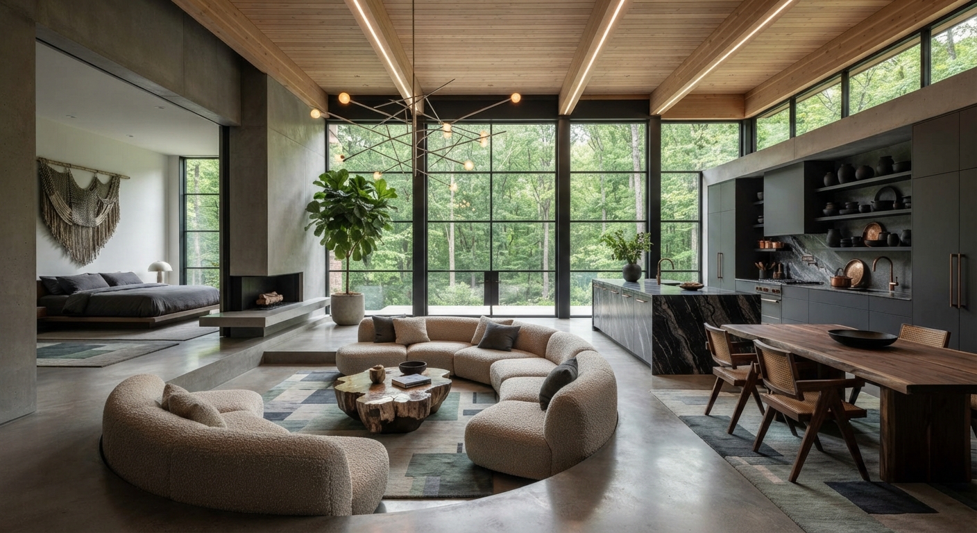 Modern living room with grey sectional, wood coffee table, and fiddle leaf fig