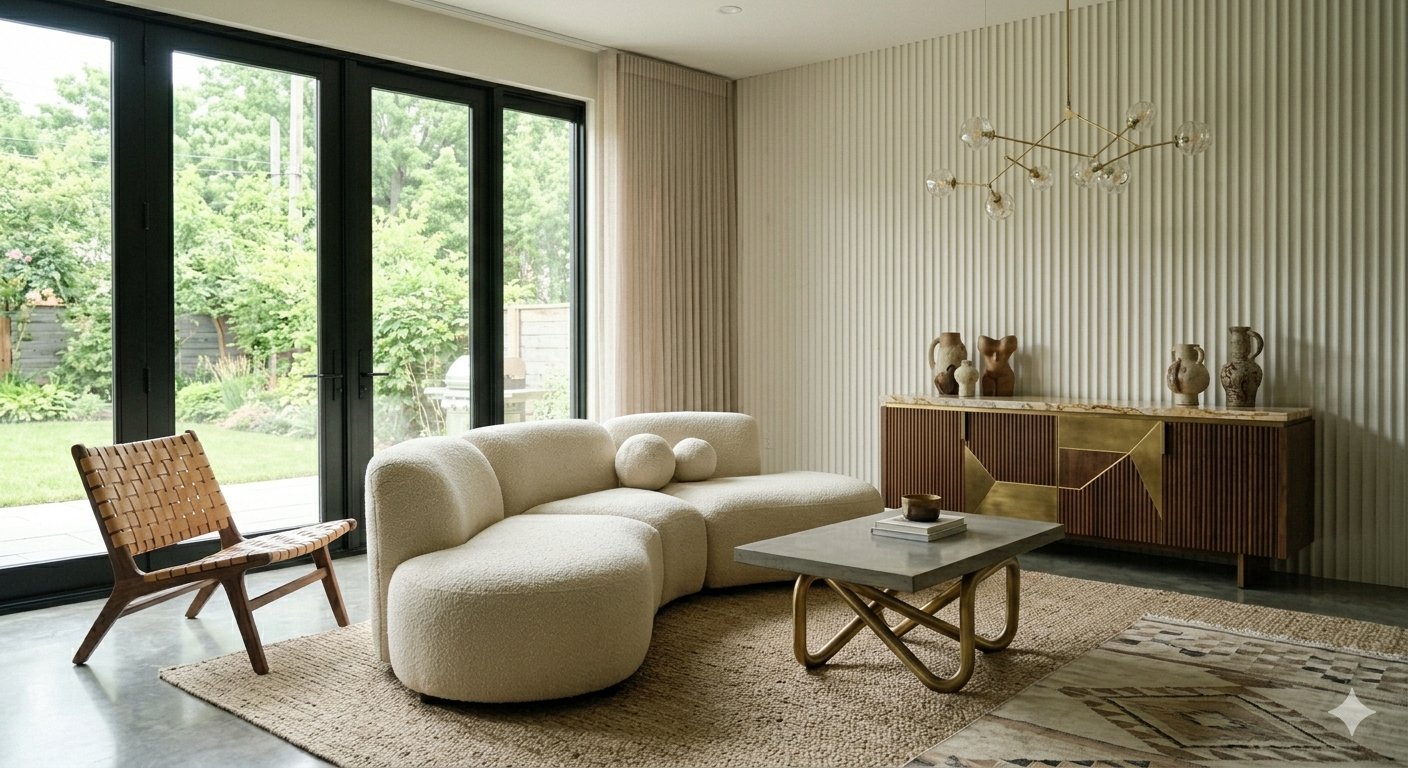 Warm minimal living room with cream boucle sofa, sideboard, and fluted wall panel