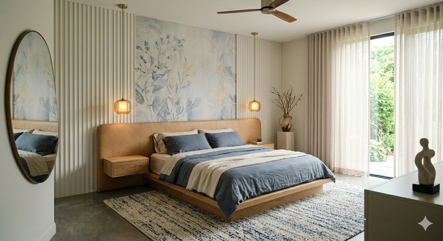Serene master bedroom with leather platform bed, botanical mural, and pendant lights