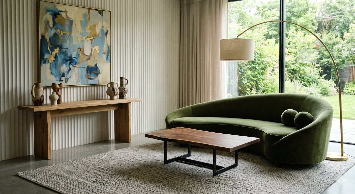 Earthy living room with curved green velvet sofa, live-edge coffee table, and abstract art