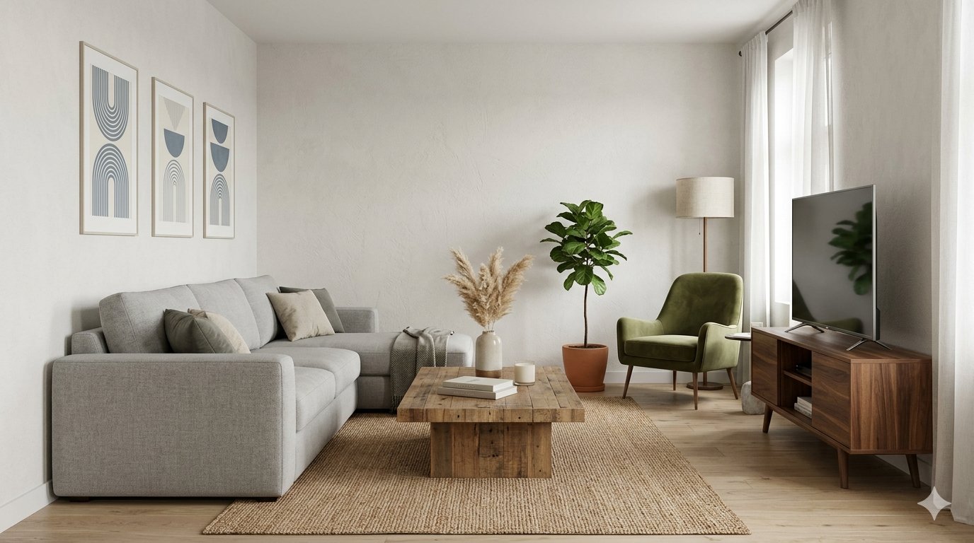 Modern living room with grey sectional, wood coffee table, and fiddle leaf fig