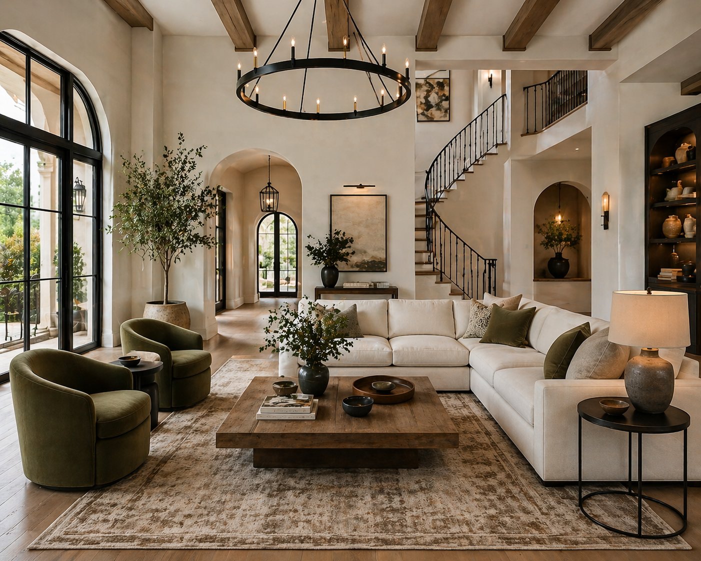 Grand living room with exposed wood beams, sectional sofa, green accent chairs, and chandelier