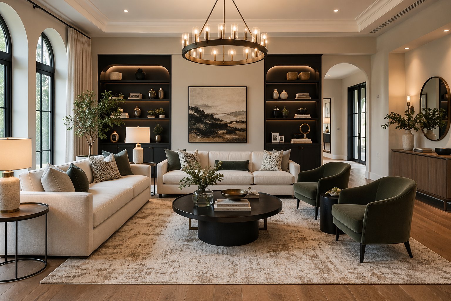 Elegant formal living room with built-in shelving, cream sofas, green velvet chairs, and statement chandelier